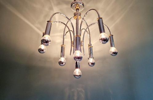 Designkroonluchter in verchroomd metaal en messing, jaren 70, Antiek en Kunst, Antiek | Verlichting, Ophalen of Verzenden