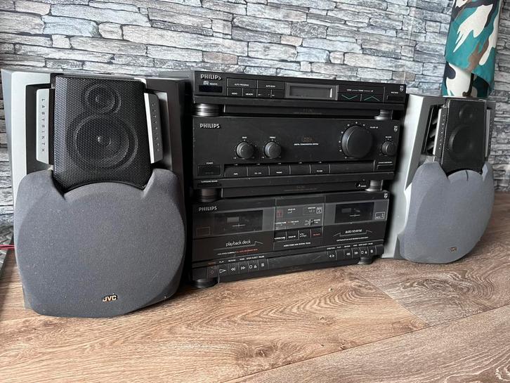 Philips versterker/receiver met twee JVC 3-weg speakers, Audio, Tv en Foto, Stereoketens, Gebruikt, Cassettedeck, Tuner of Radio