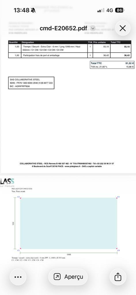 Plaque en verre neuve - 55 x 105 cm, Bricolage & Construction, Vitres, Châssis & Fenêtres, Comme neuf, Enlèvement