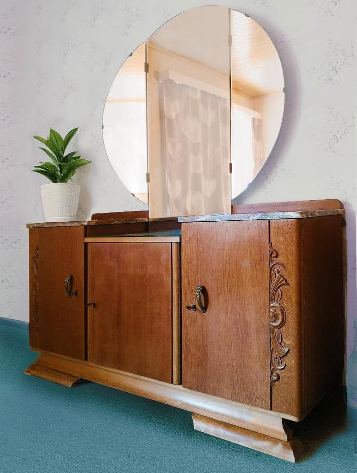 Zeldzame kaptafel artdeco, ronde spiegel🌷 weg op 16/03!, Antiek en Kunst, Curiosa en Brocante, Ophalen