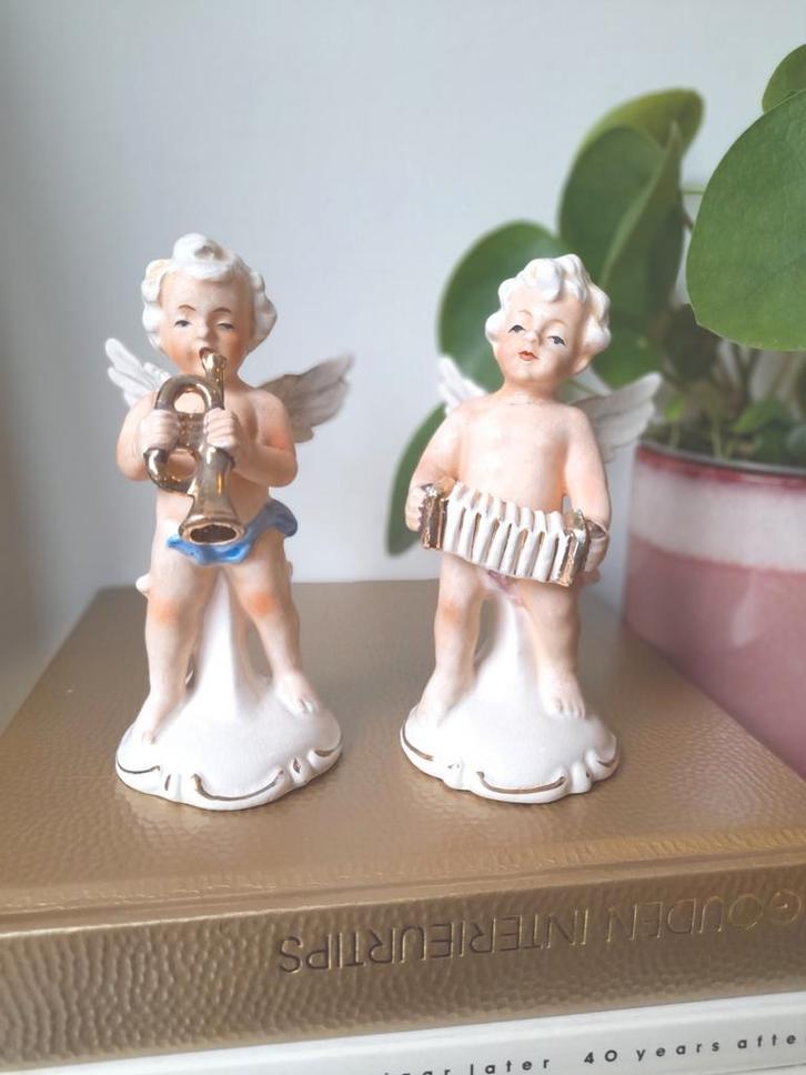 Anges musicaux vintage en porcelaine putti polychrome, Collections, Statues & Figurines, Enlèvement ou Envoi