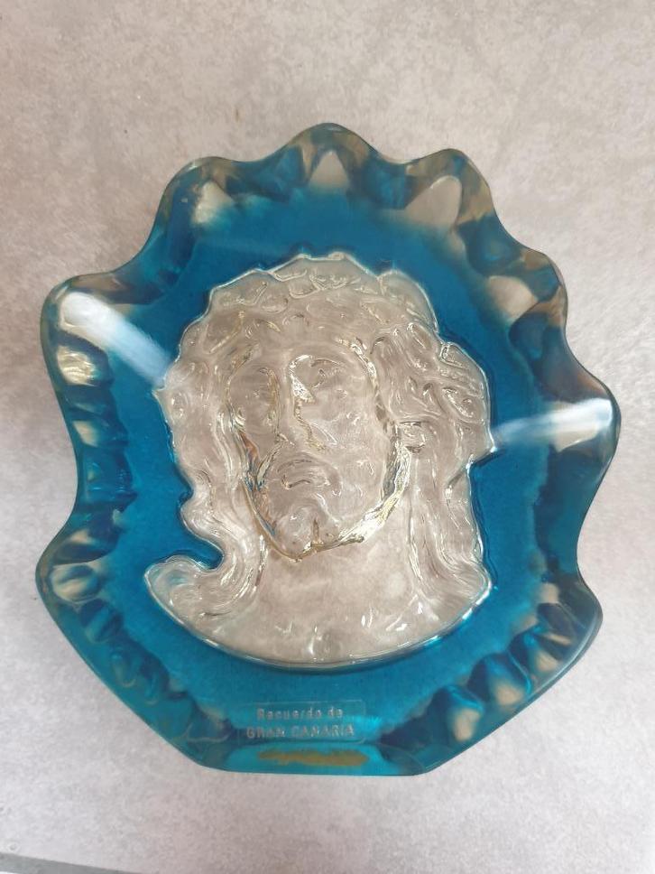 Onderzetter Bordje Jezus Blauw Epoxy Glas, Verzamelen, Religie, Zo goed als nieuw, Christendom | Katholiek, Beeld(je), Ophalen