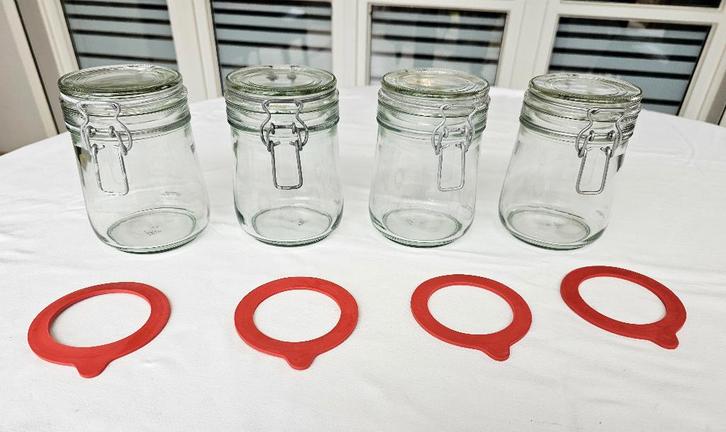 4 glazen steriliseerbokalen met rubberen afdichtingsringen, Huis en Inrichting, Keuken | Servies, Zo goed als nieuw, Glas of Glazen
