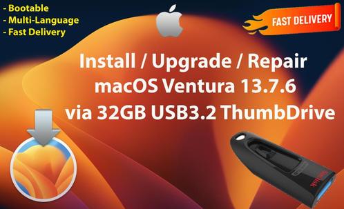Installeer macOS Ventura 13.7.6 via USB3.2 Stick 32GB OSX, Computers en Software, Besturingssoftware, Nieuw, MacOS, Verzenden
