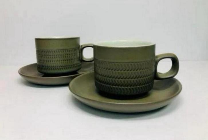 Vintage Denby Camelot Chevron 1961 2x kop en schotel servies, Antiek en Kunst, Antiek | Servies los, Ophalen of Verzenden