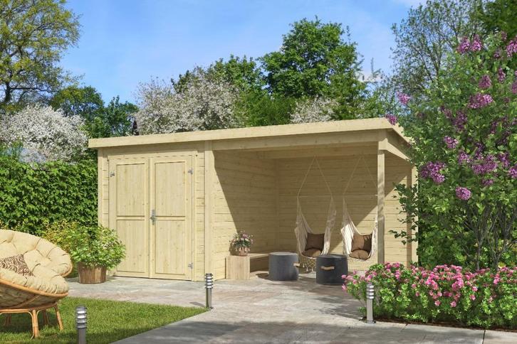 Blokhut met overkapping Finn 450x250 onbehandeld vuren, Hobby en Vrije tijd, Overige Hobby en Vrije tijd, Nieuw, Verzenden