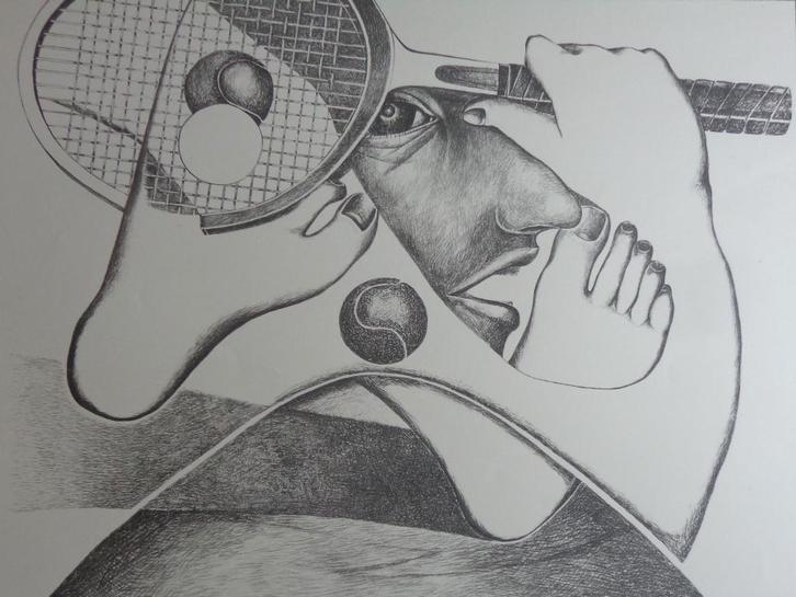 CYR FRIMOUT / TENNISSPELER / ZW-W LITHO / 64x90cm / SIG, Antiek en Kunst, Kunst | Litho's en Zeefdrukken, Ophalen of Verzenden