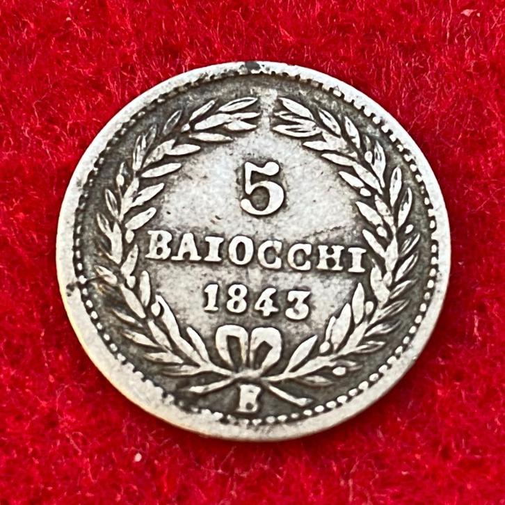 Zeldzame zilveren munt van 5 Baiocchi uit 1843, Italië, Antiek en Kunst, Antiek | Zilver en Goud, Zilver, Verzenden