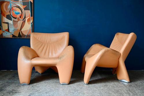 Paire de Fauteuils cuir orange Echnaton Jan Armstadt Leolux, Huis en Inrichting, Fauteuils, Gebruikt, Leer, 75 tot 100 cm, Ophalen