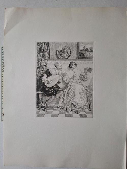 Ets Willem Geets "De Luitspeler en de zangeres", Antiek en Kunst, Kunst | Etsen en Gravures, Ophalen of Verzenden
