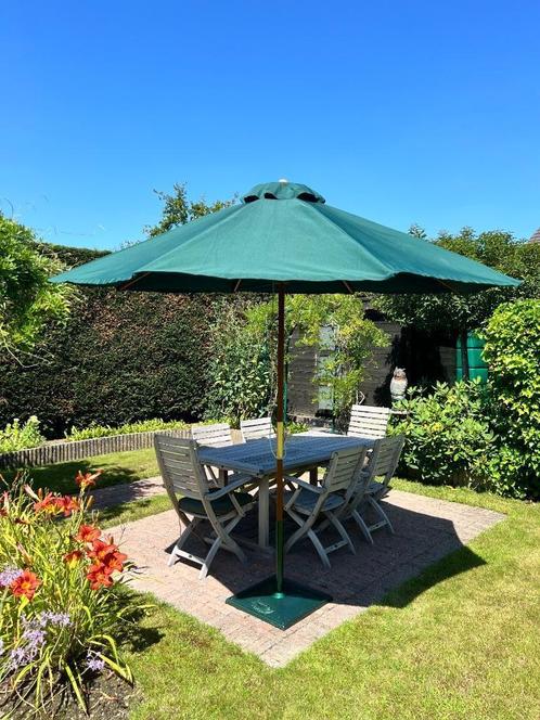 Parasol de jardin vert robuste Ø 260 cm et base Portofino, Jardin & Terrasse, Parasols, Comme neuf, Parasol sur pied, 2 à 3 mètres