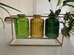 3 vaasjes in goudkleurig frame, Huis en Inrichting, Woonaccessoires | Vazen, Ophalen, Minder dan 50 cm, Groen, Glas