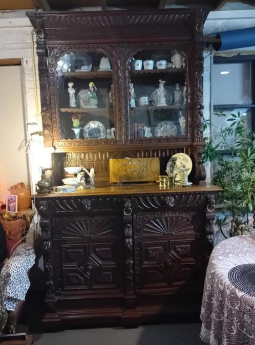 Antieke massief houten buffetkast met vitrine, Huis en Inrichting, Kasten | Buffetkasten, Gebruikt, Met deur(en), Ophalen