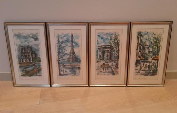 Vintage Arno gesigneerd Parijs aquarel ingelijste prints 50s, Antiek en Kunst, Kunst | Schilderijen | Klassiek, Ophalen of Verzenden