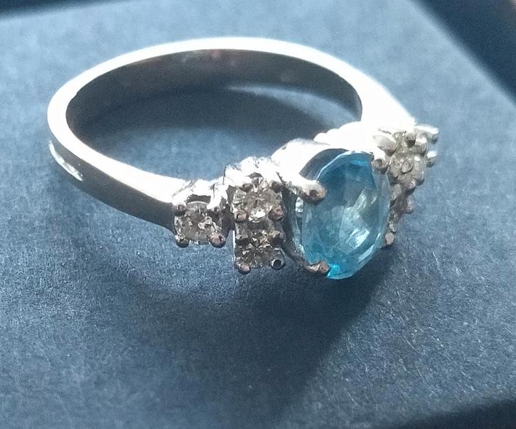 Bague or jaune 14 carats sertie d'aigue-marine et 6 diamants, Bijoux, Sacs & Beauté, Bagues, Neuf, Femme, Plus petit que 17, Jaune