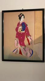 Schilderij japanse vrouw op zijde, Antiquités & Art, Enlèvement ou Envoi