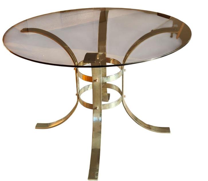 Vintage ronde eettafel in rookglas en chroomstaal, Huis en Inrichting, Tafels | Eettafels, Gebruikt, 100 tot 150 cm, 100 tot 150 cm