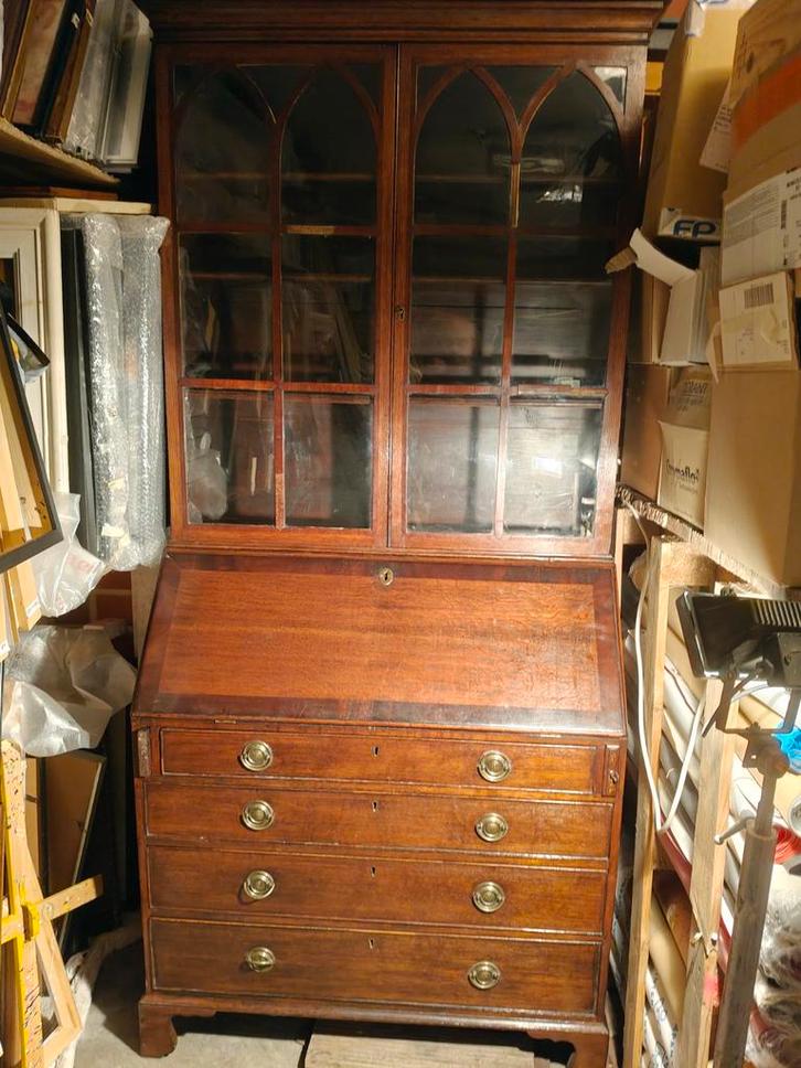 Secretaire kast eik en fineer Gothic revival van ca. 1890, Huis en Inrichting, Kasten | Secretaires, Ophalen