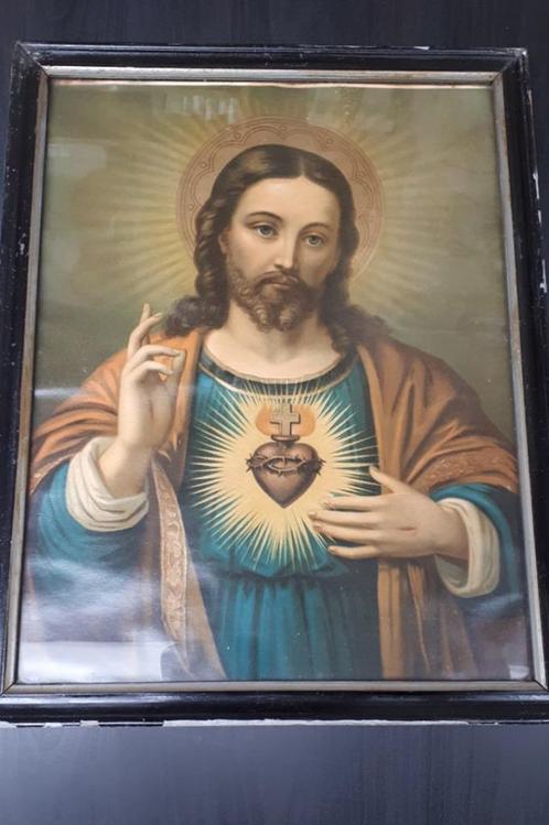 Antieke Grote Heilig Hart in kader. Christus, Antiek en Kunst, Antiek | Religieuze voorwerpen, Ophalen