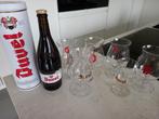 7 Duvel glazen, koker met volle gesloten fles, Verzamelen, Ophalen of Verzenden