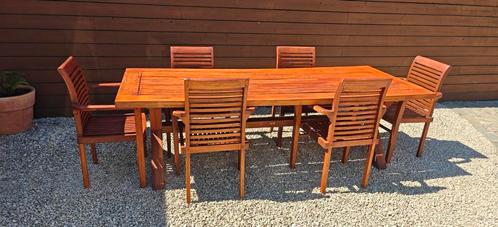 Houten Tuinset 6 stoelen met kussens + tafel, Tuin en Terras, Tuinsets en Loungesets, Zo goed als nieuw, Tuinset, Hout, 8 zitplaatsen
