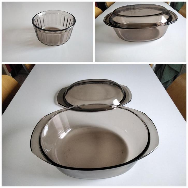 Grote braadpan + ramekin vintage rookglas - ARCOPAL, Huis en Inrichting, Keuken | Servies, Gebruikt, Glas, Ophalen of Verzenden
