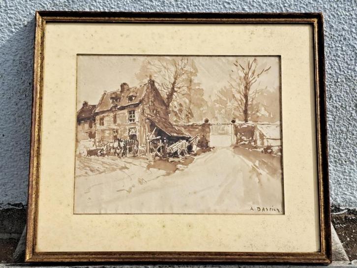 Aquarelle signe alfred bastien, Antiek en Kunst, Kunst | Schilderijen | Klassiek, Ophalen of Verzenden