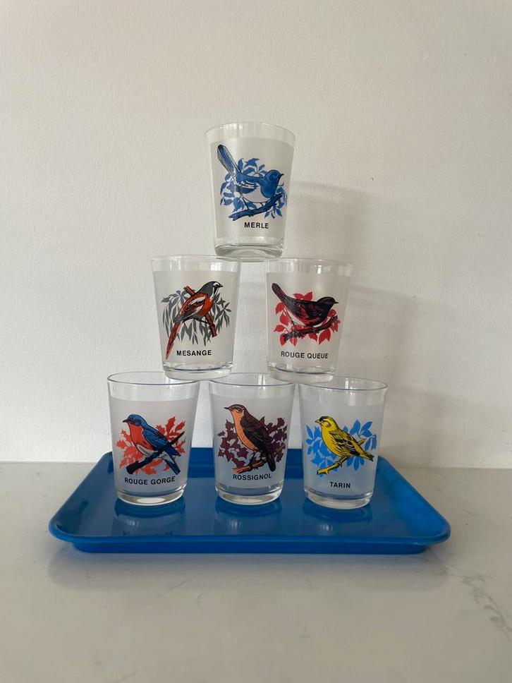 Arcoroc/Luminarc France Vogelglazen– Jaren ‘60 – Puntgaaf, Verzamelen, Glas en Drinkglazen, Zo goed als nieuw, Ophalen of Verzenden