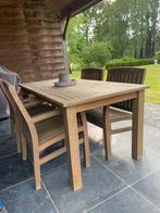 4 stevige houten stoelen en tafel (90cm x 180cm), Tuinset, Eettafel, Teakhout, Gebruikt