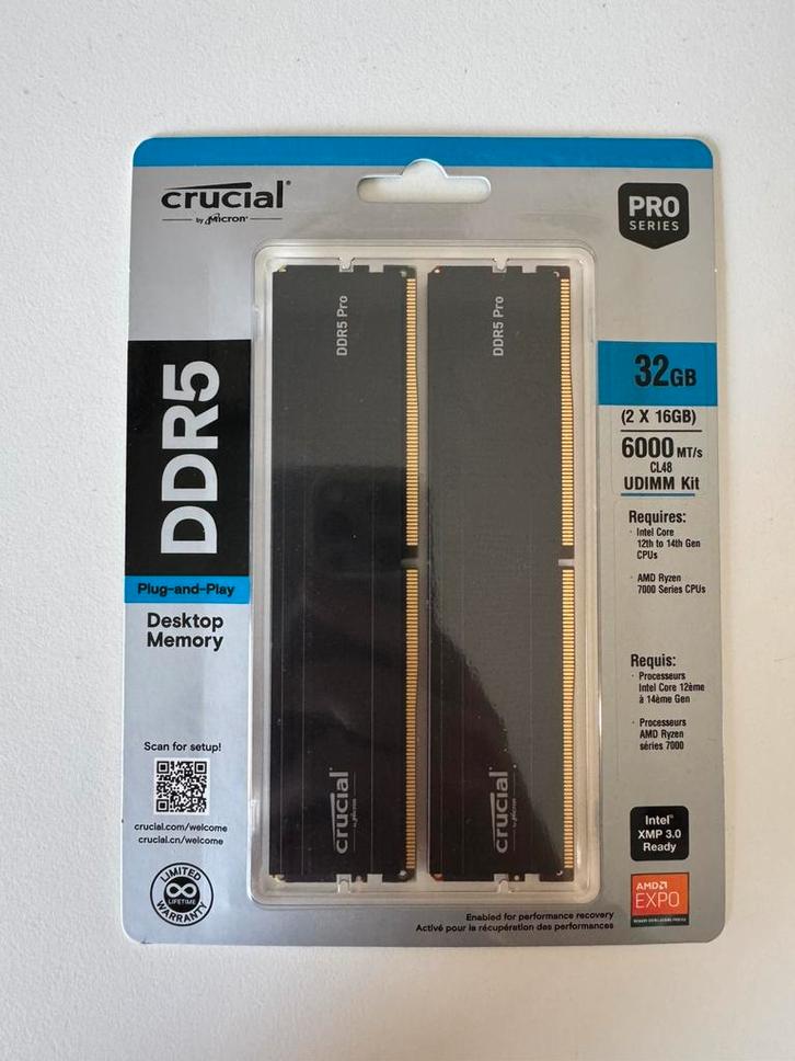 Crucial Pro 32Go DDR5 6000 CL48, Computers en Software, RAM geheugen, Desktop, DDR5, Ophalen