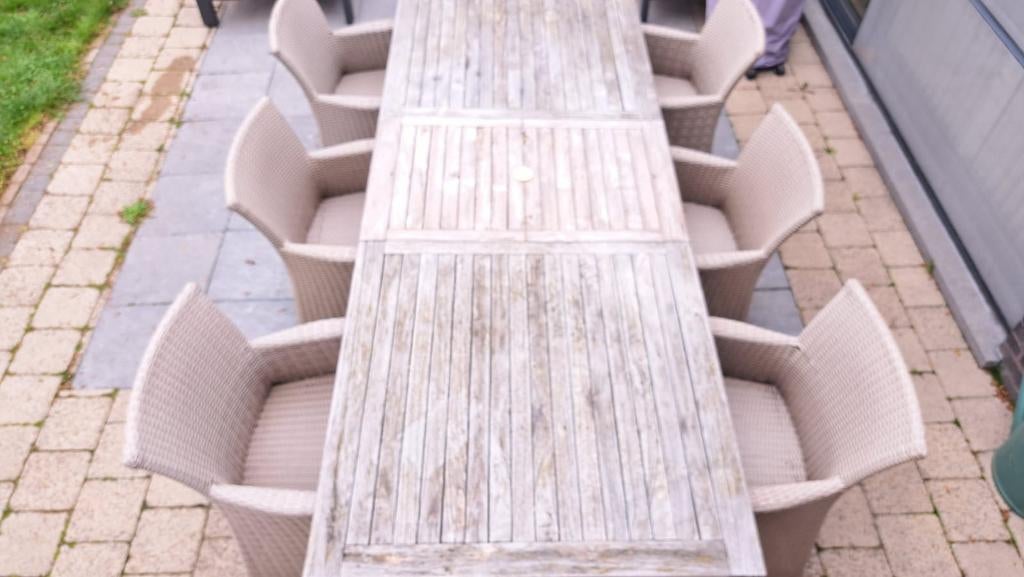 Table de jardin en teck de 260 cm par 100 cm. Avec 6 chaises, Jardin & Terrasse, Enlèvement
