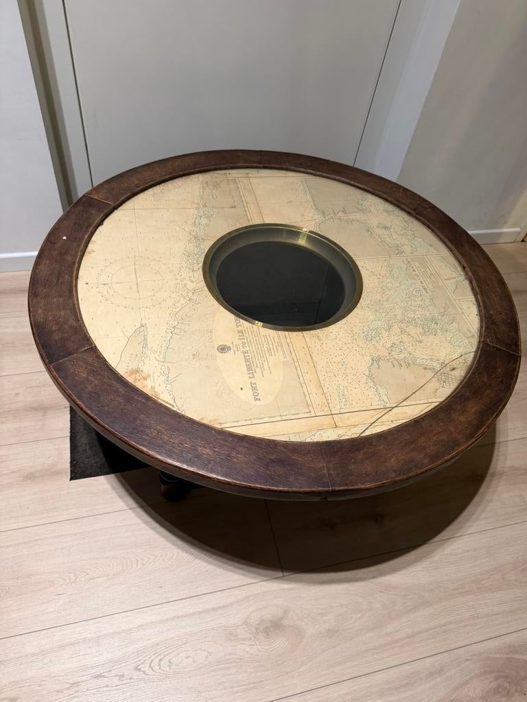 Table basse ronde style vintage – carte marine, Maison & Meubles, Rond, Verre, Enlèvement, Utilisé