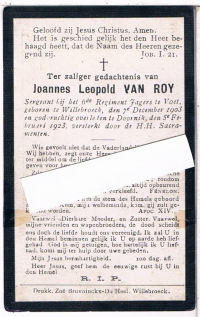 Sergeant. Van Roy Jannes. ° Willebroeck 1903 † Doornik 1923, Verzamelen, Bidprentjes en Rouwkaarten, Ophalen of Verzenden, Bidprentje