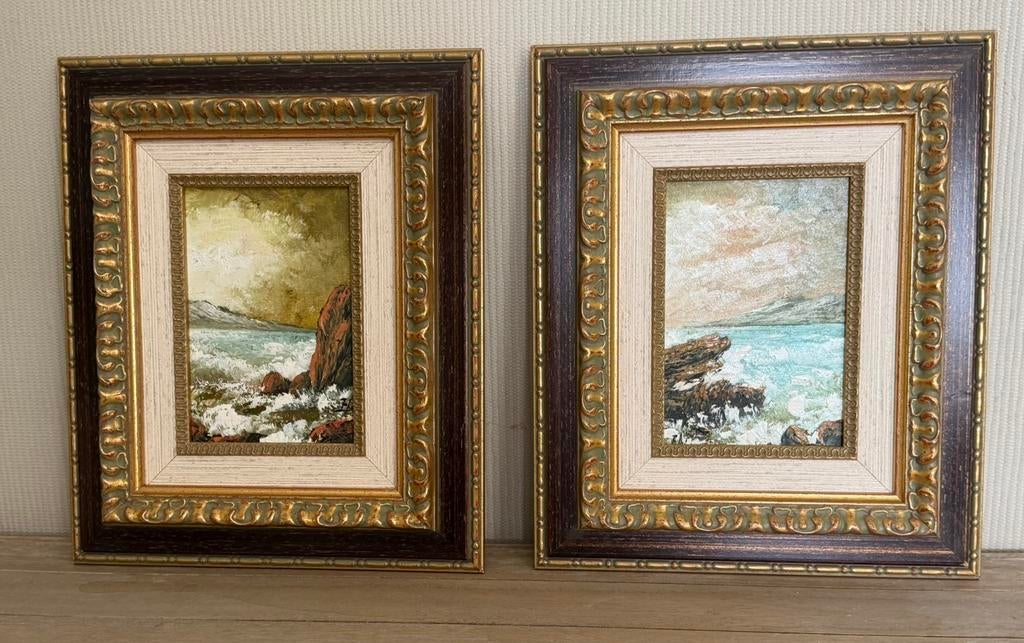 2 st bijelkaarhorende schilderijen op doek, Antiek en Kunst, Ophalen