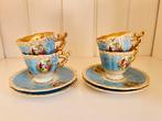 Set van 4 brocante kopjes/onderbordjes blauw/goud, Ophalen of Verzenden
