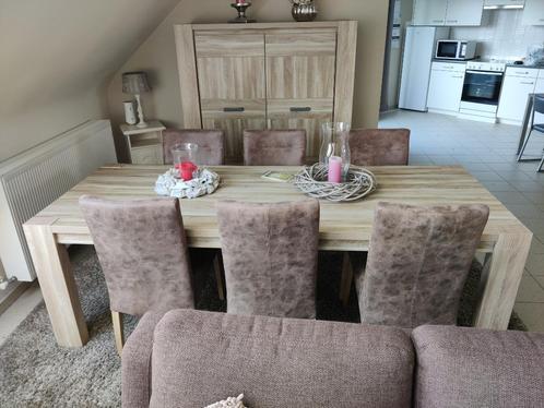 Complete eetkamer: tafel-6 stoelen–hoge kast–dressoir-tapijt, Huis en Inrichting, Complete eetkamers, Zo goed als nieuw, Ophalen