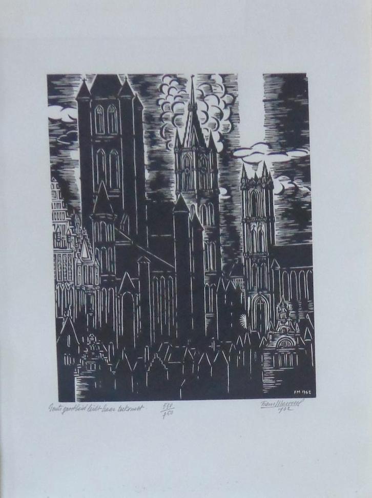 FRANS MASEREEL / GENTS GROOTHEID / ZW-W HOUTSNEDE / 77x61cm, Antiek en Kunst, Kunst | Litho's en Zeefdrukken, Ophalen