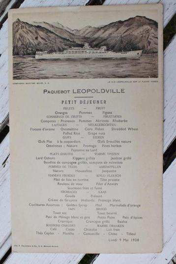 Menukaart Paketboot Léopoldville Congo 1938 2X beschikbaar voor biedingen