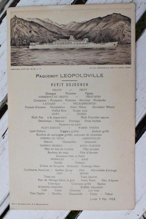 Menukaart Paketboot Léopoldville Congo 1938 2X, Verzamelen, Foto's en Prenten, Gebruikt, Foto, Overige onderwerpen, Voor 1940