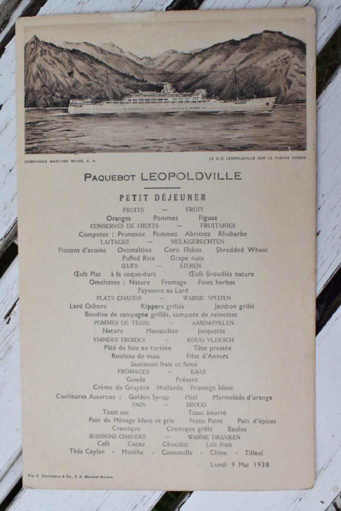 Menukaart Paketboot Léopoldville Congo 1938 2X, Verzamelen, Foto's en Prenten, Gebruikt, Foto, Overige onderwerpen, Voor 1940