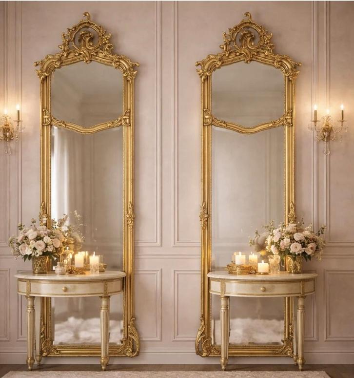 Prachtige barok passpiegel set met een gouden Fabrice lijst, Antiquités & Art, Antiquités | Miroirs, Enlèvement