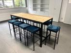 Prachtige hoge tafel in staal en hout met 10 krukjes, Huis en Inrichting, Ophalen, Zo goed als nieuw, Hout, 8 stoelen of meer