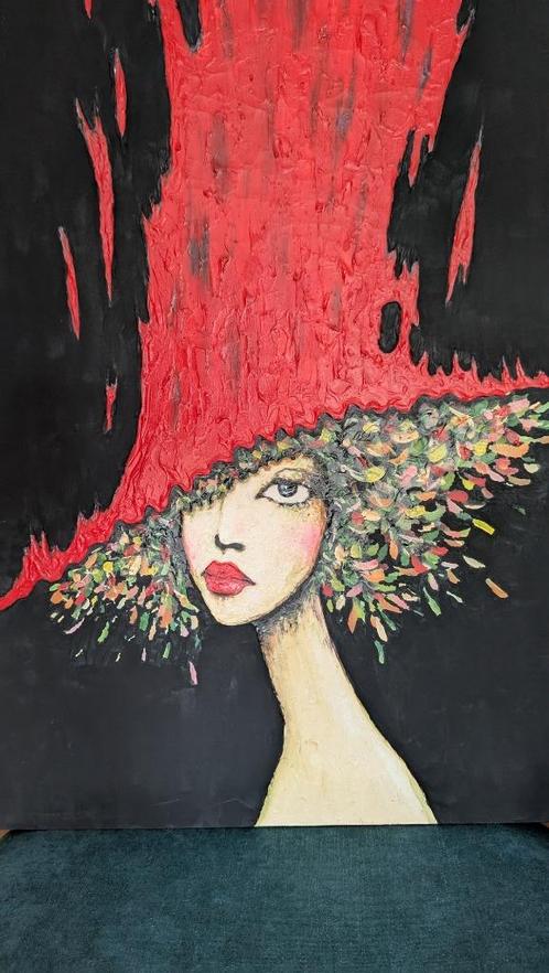 Groot schilderij – vrouw met rode hoed, Antiek en Kunst, Kunst | Schilderijen | Klassiek, Ophalen