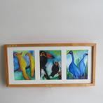 Drieluik Vogels aquarel op papier gesigneerd monogram Bc, Antiek en Kunst, Kunst | Schilderijen | Klassiek, Ophalen of Verzenden