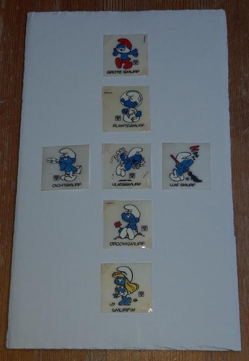 De Smurfen 7 x decalco sticker BP 70s Schtroumpfs Peyo, Verzamelen, Stripfiguren, Zo goed als nieuw, Plaatje, Poster of Sticker