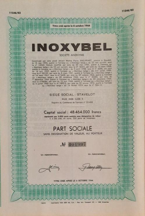Inoxybel - Stavelot - part sociale - 1974, Postzegels en Munten, Aandelen en Waardepapieren, Aandeel, 1970 tot heden, Ophalen of Verzenden