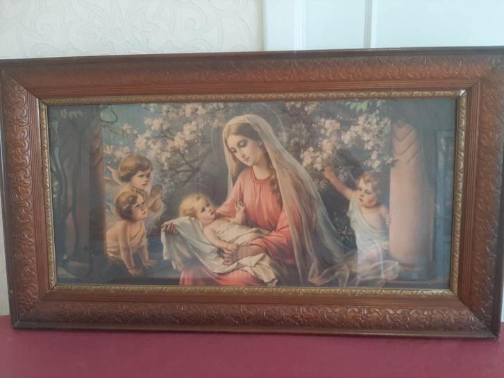 Antieke religieuze prent – in gesculpteerde houten lijst, Antiek en Kunst, Antiek | Religieuze voorwerpen, Ophalen