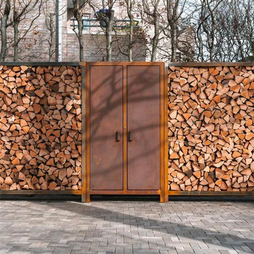 Cortenstaal houtopslag, tuinkast, tuinbank, Tuin en Terras, Brandhout, Blokken, Ophalen of Verzenden