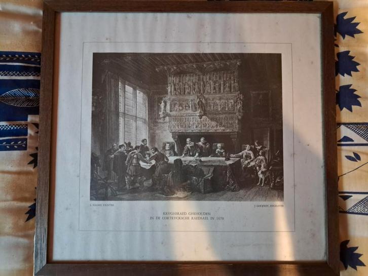 Ingekaderde gravure Krijgsraad Kortrijk, Antiek en Kunst, Kunst | Etsen en Gravures, Ophalen