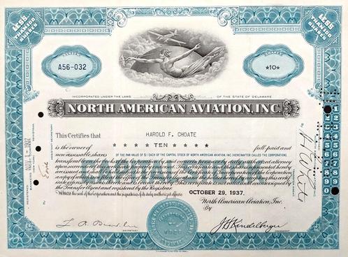 North American Aviation Inc. uit 1937!, Postzegels en Munten, Aandelen en Waardepapieren, Certificaat van aandeel, 1920 tot 1950